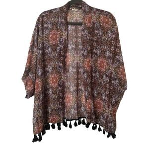 Garage Kimono Womens Size Os/Tu Multi Printed Tasseled Hem Open Front